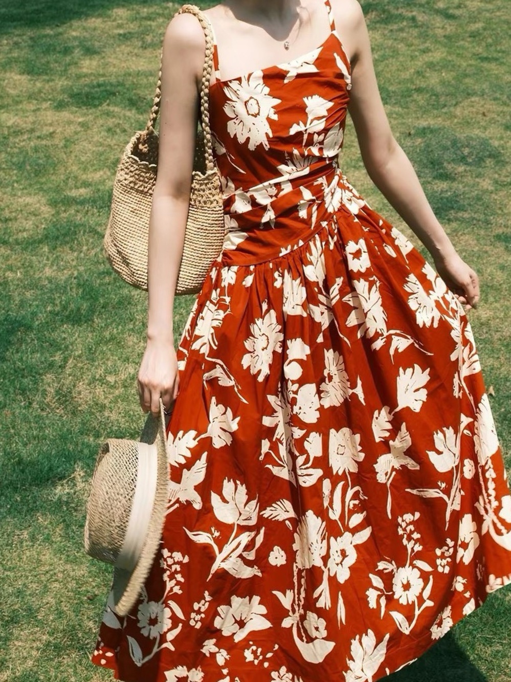 Floral Spaghetti-Strap Maxi Dress in Rust and Cream